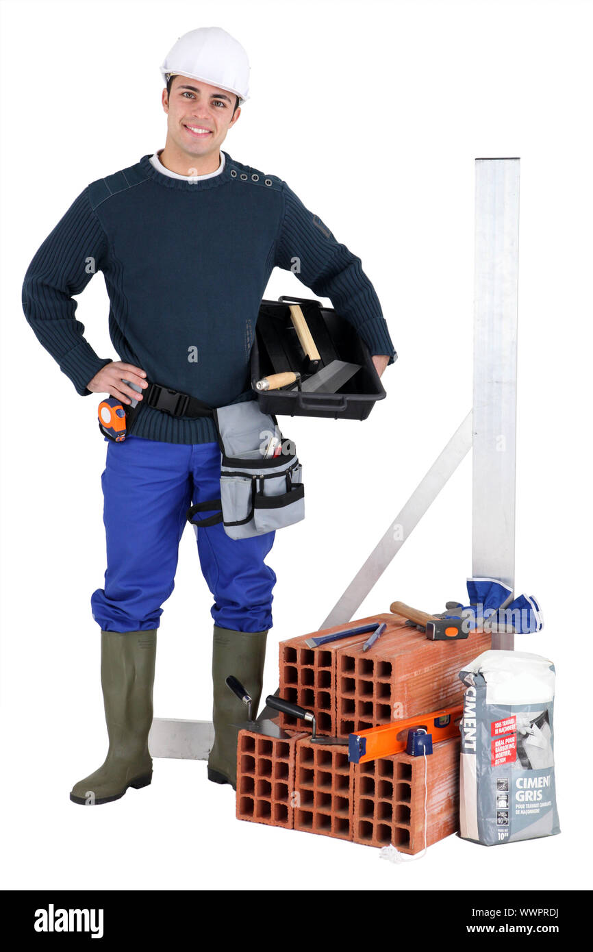 Baumeister, die Ziegel legen wird vorbereitet Stockfoto