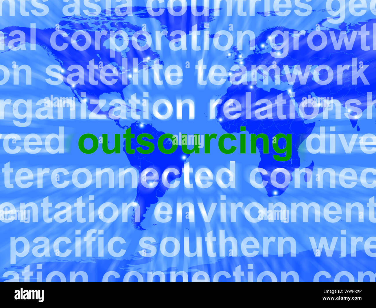 Outsourcing der Wortbedeutung Unterverträge Offshoring oder Freiberufler Stockfoto