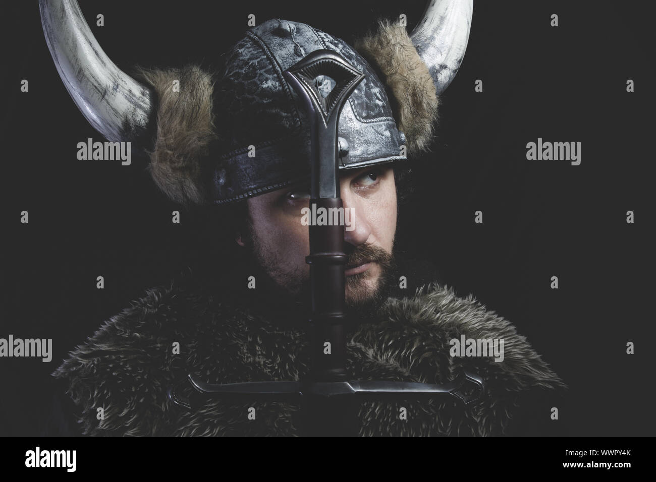 Führung, Wikinger-Krieger mit eisernes Schwert und Helm mit Hörnern Stockfoto