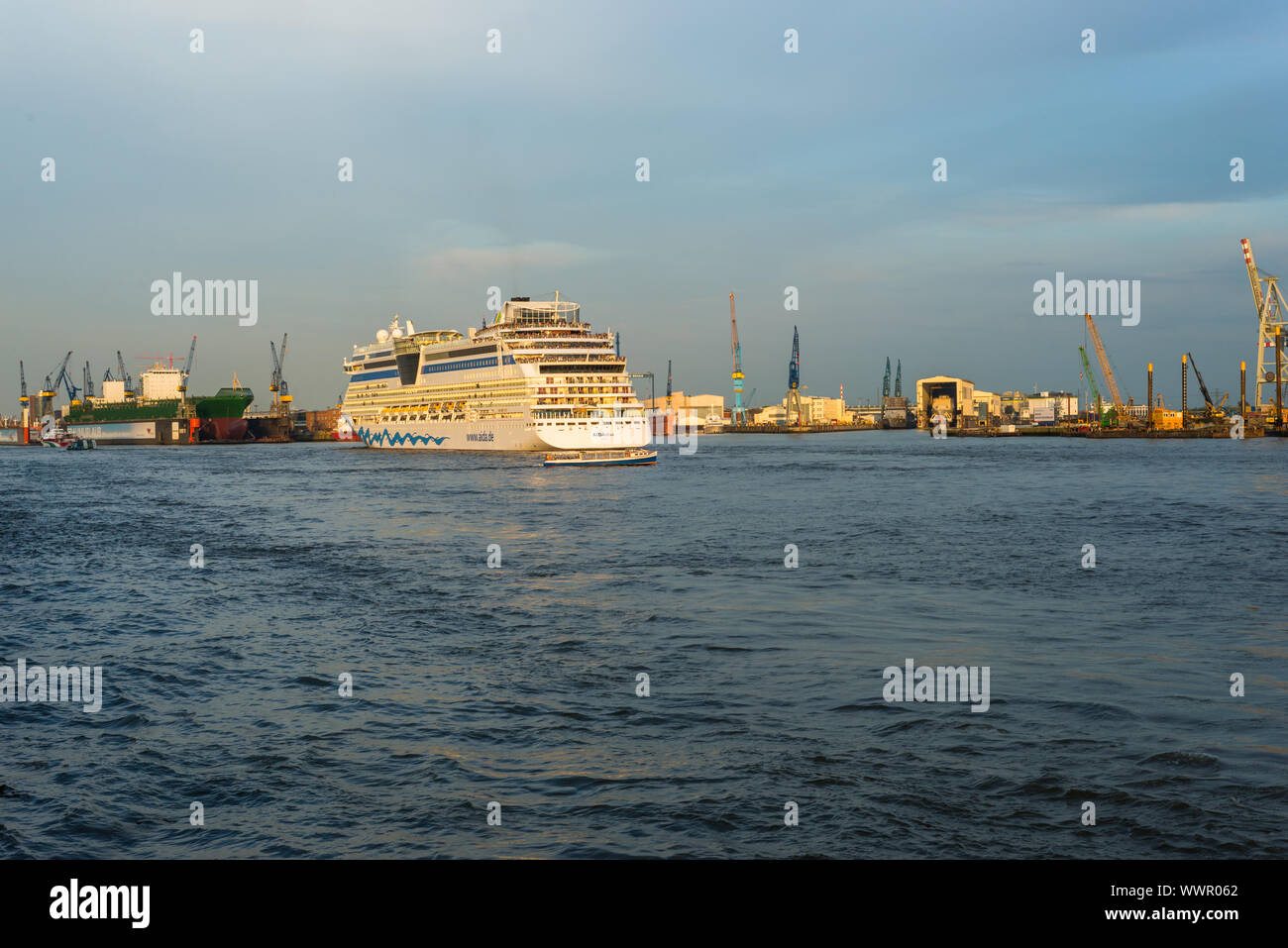 Schwimmdocks und Containerbrücken für den Umschlag im Hafen von Hamburg Stockfoto