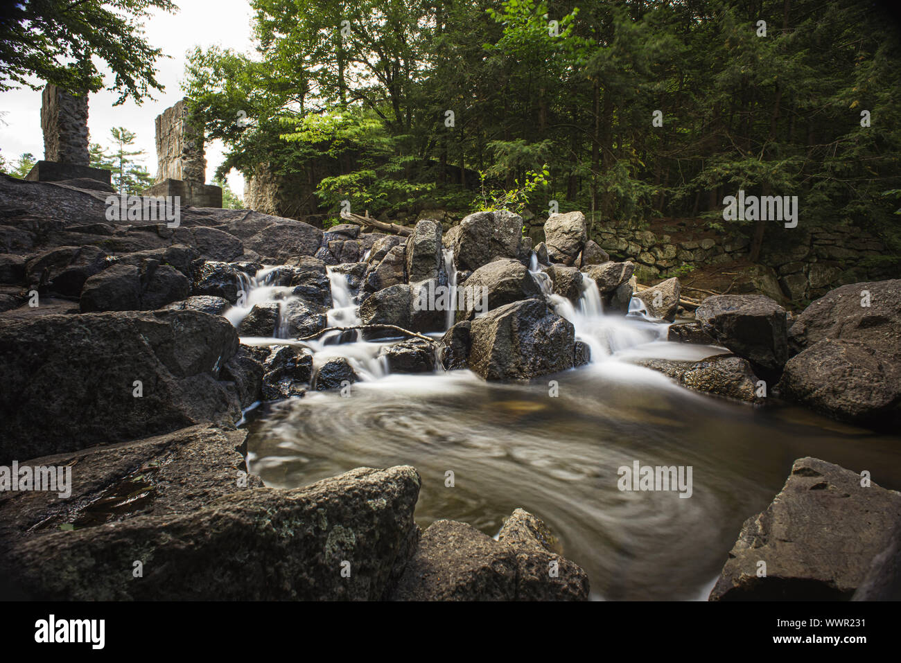 Lange Belichtung Bild eines Wasser über Felsen in einer Waldlandschaft fließt. Stockfoto