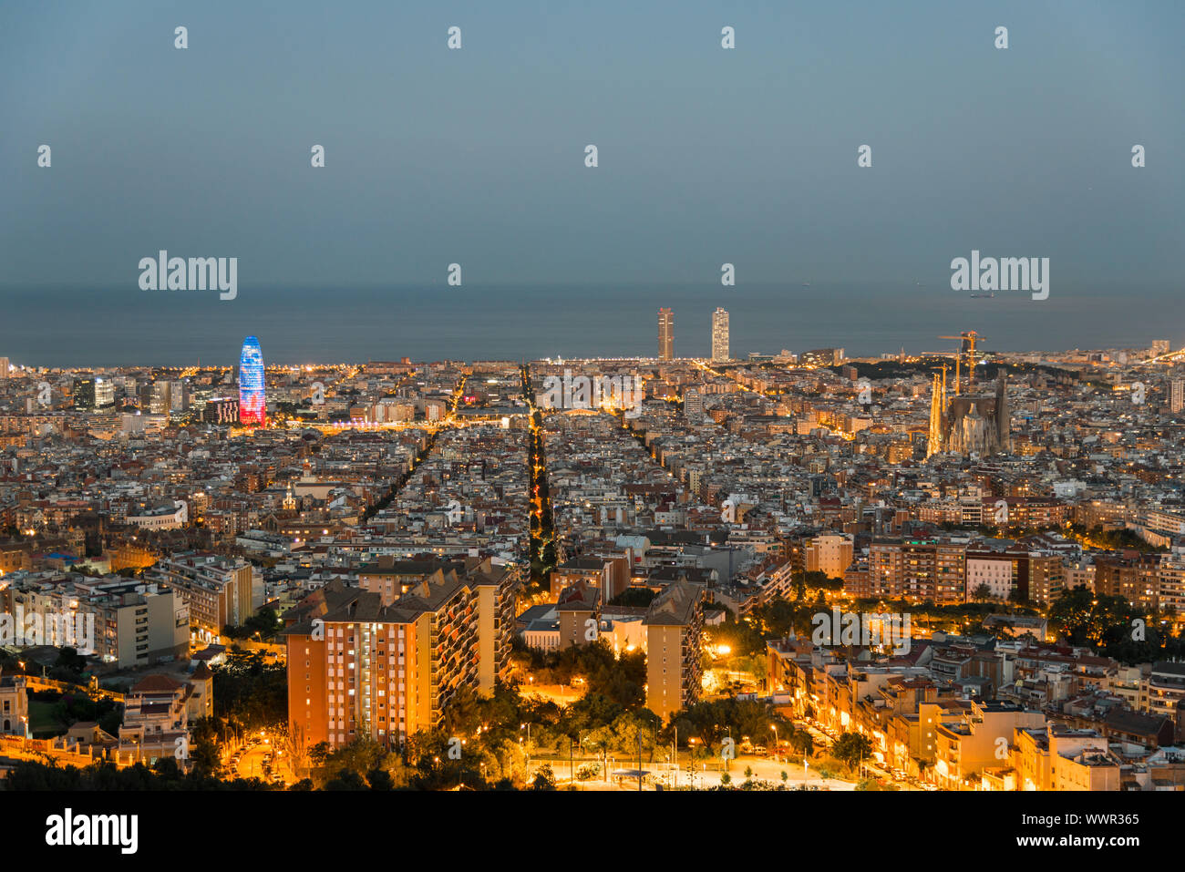 Barcelona bei Nacht aus dem Parc del Guinardó gesehen auf einem west Side Hill Stockfoto