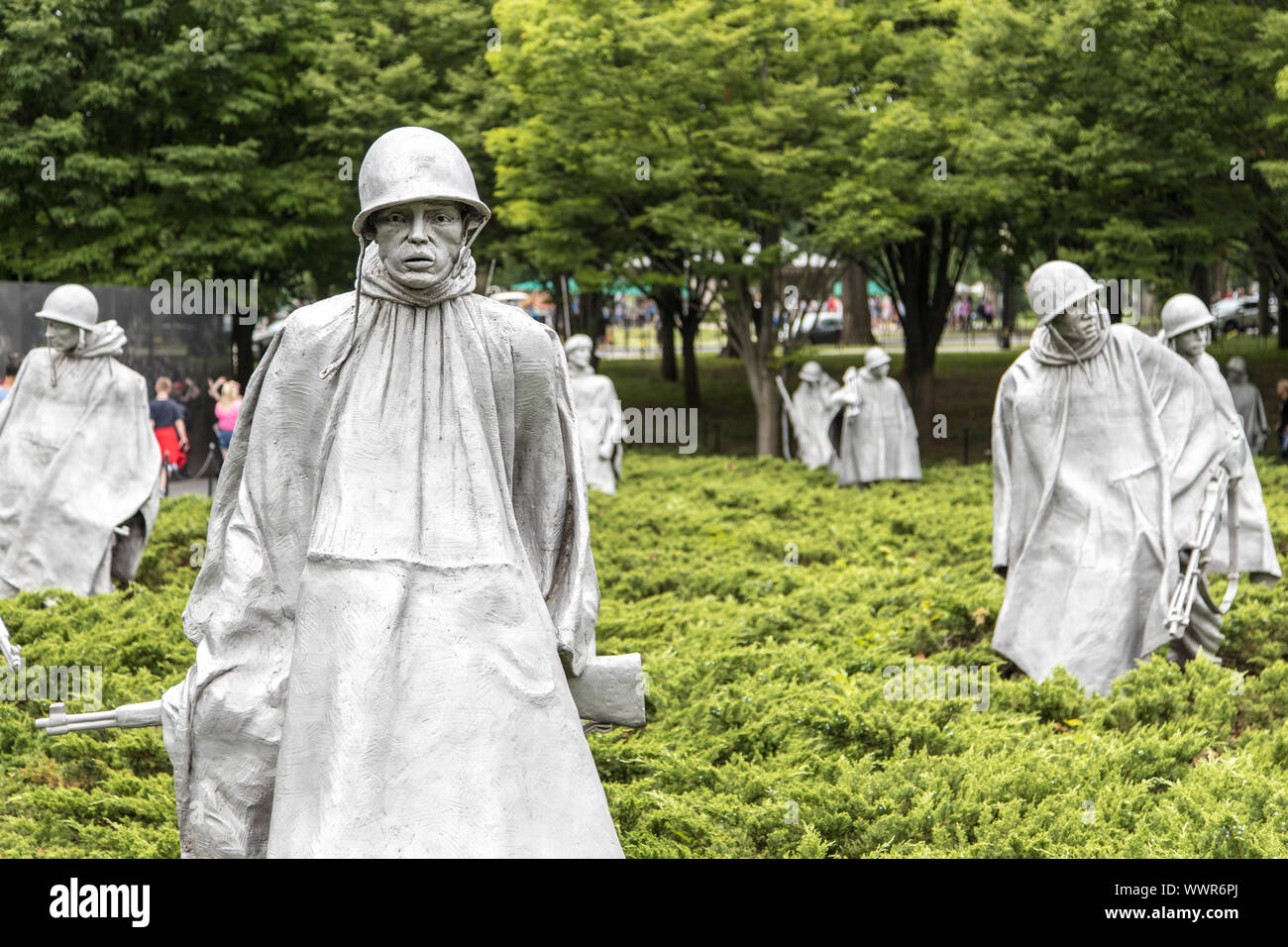 Washington DC, USA - 07. Juni 2019: Korean War Veterans Memorial in National Mall entfernt. Die Gedenkstaette erinnert an jene, die in der Koreanischen Wa serviert. Stockfoto