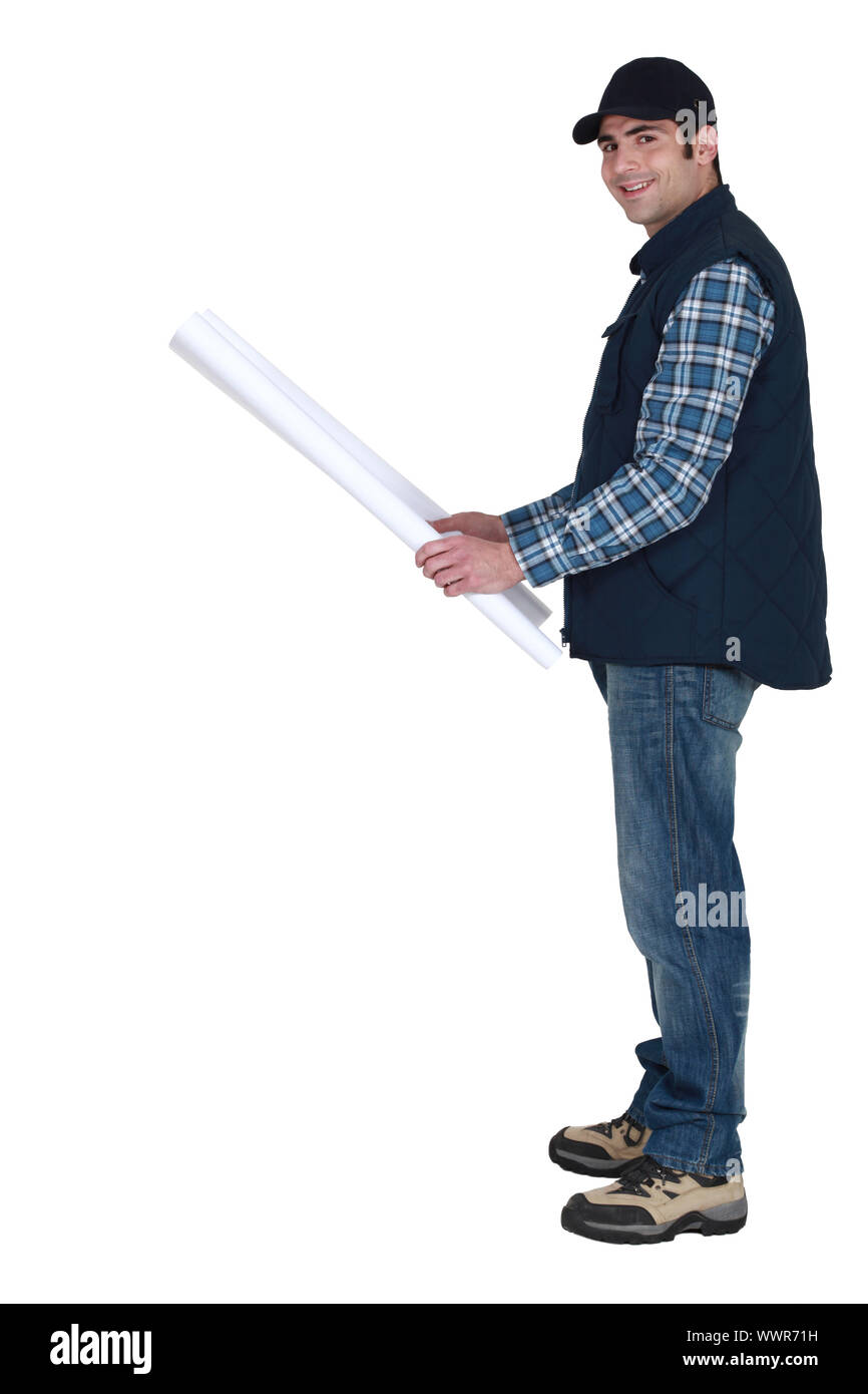 Kaufmann, lesen eine Blaupause Stockfoto