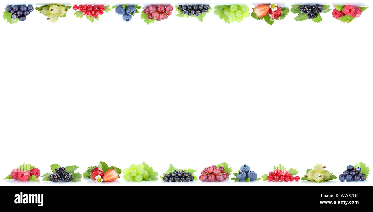 Beeren Erdbeeren Heidelbeeren Himbeeren Trauben Trauben Bio-früchten Text Space Copyspace Stockfoto