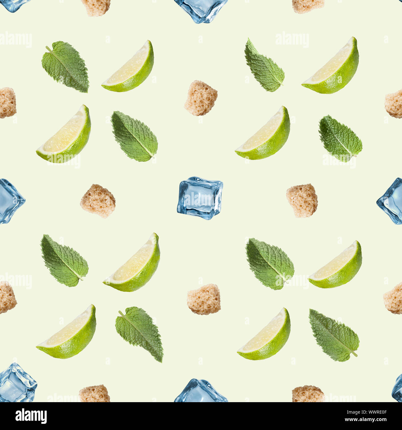 Limette, Minze, Zucker und Eis Würfel auf einem weißen Hintergrund. Stockfoto