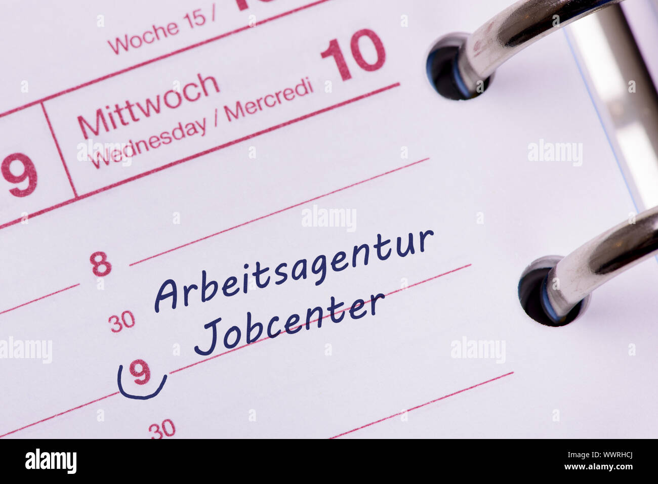 Termin Kalender mit Eintrag für Agentur für Arbeit und Job Center Stockfoto
