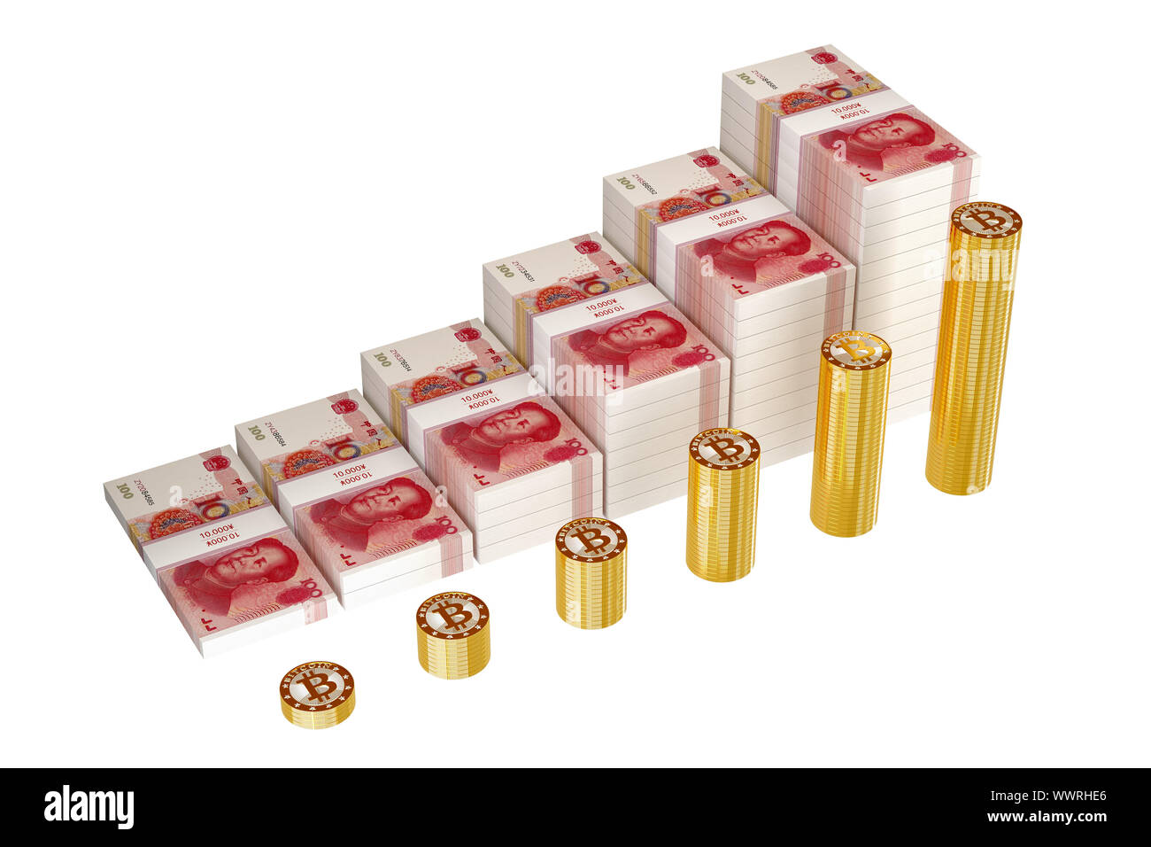 Bitcoins und Yuan Balkendiagramm - Gewinn steigern - 3D-Rendering Stockfoto