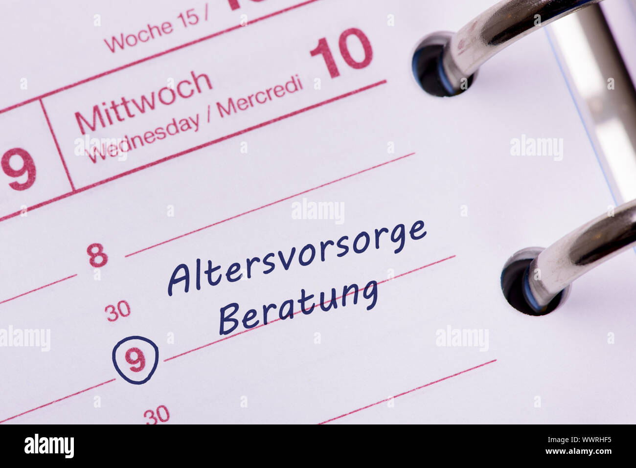 Termin Kalender mit Vorsorge und Beratung Eintrag Stockfoto