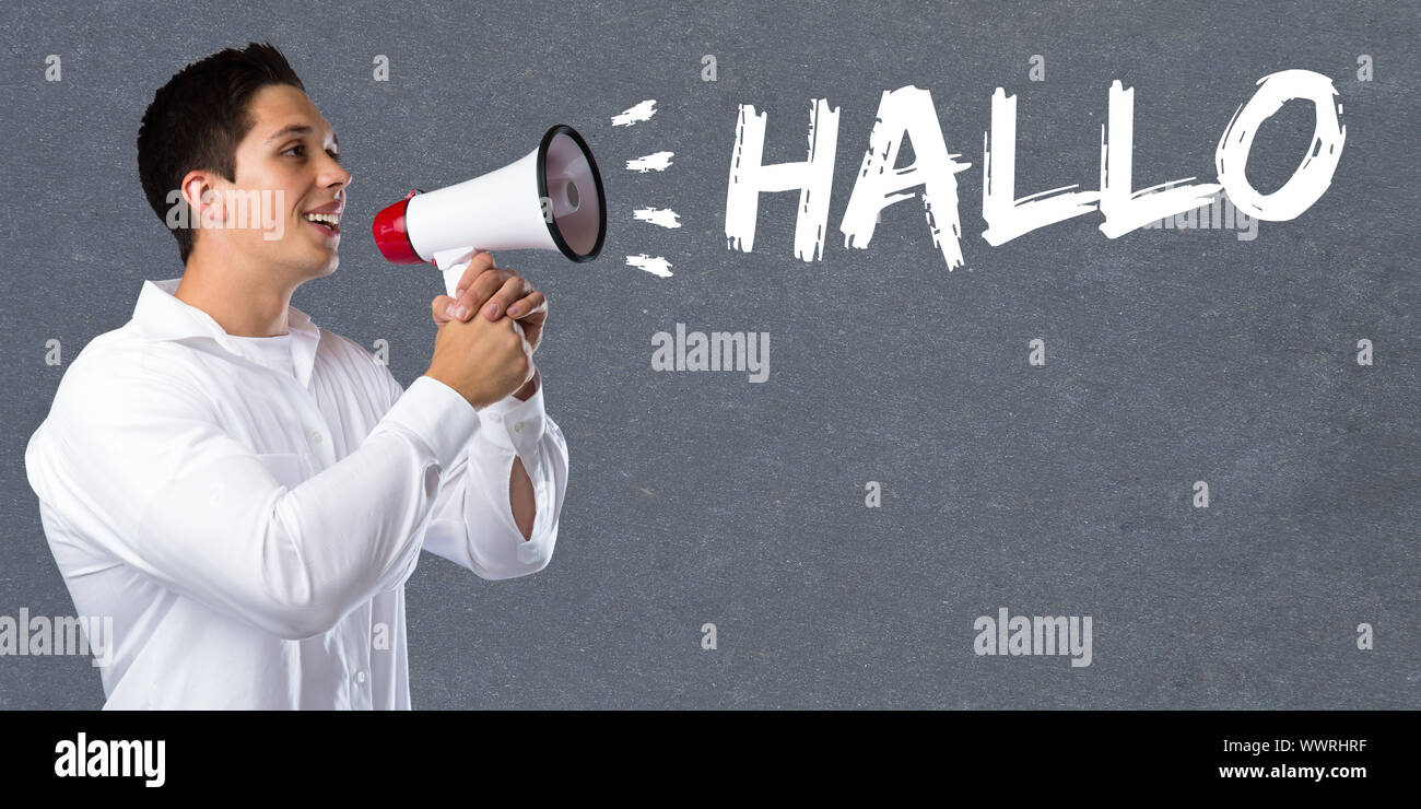 Hallo Guten Tag Gruß gruß Megafon junger Mann Stockfoto