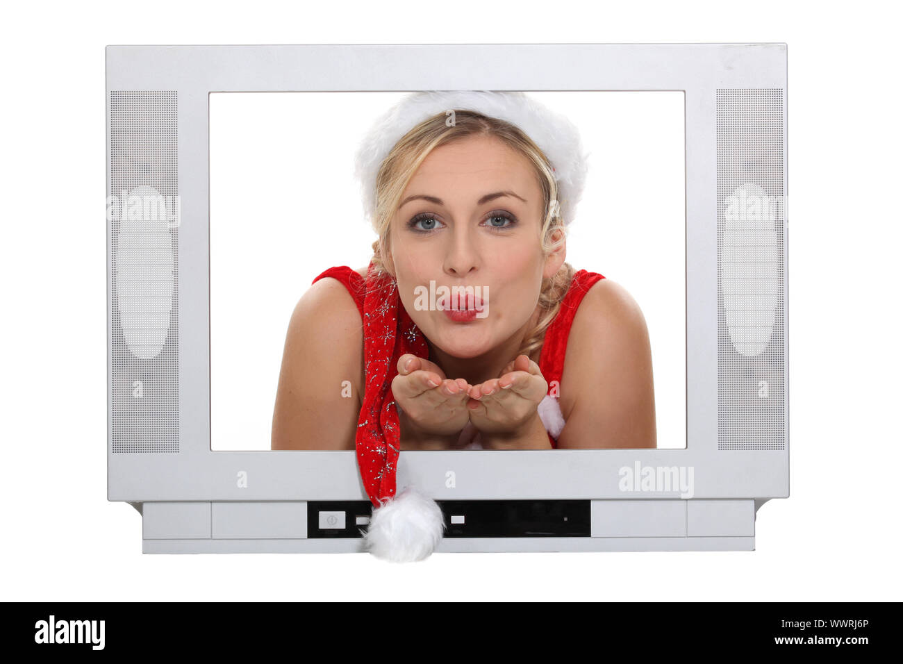 Frau ziehen Weihnachtsmütze Stockfoto