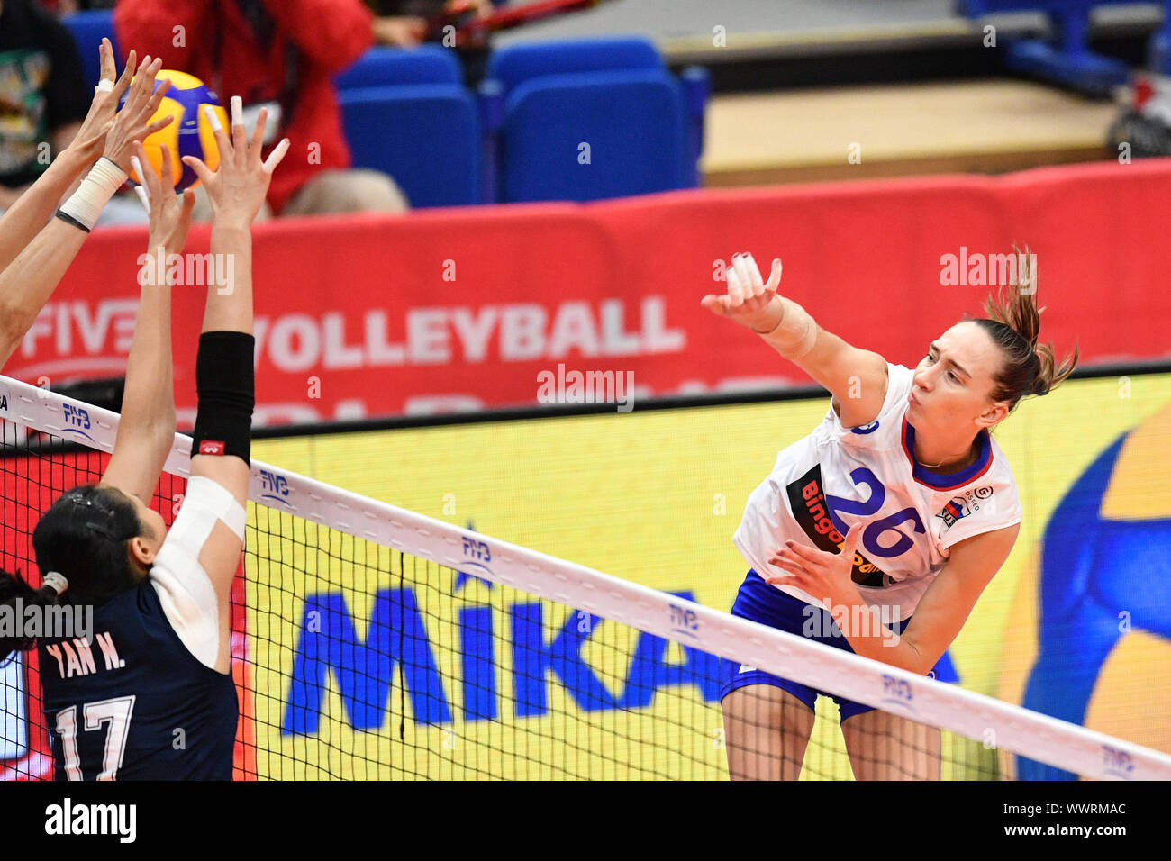 Kanagawa, Japan. Credit: MATSUO. 16 Sep, 2019. Anna Lazareva (RUS) Volleyball: 2019 FIVB Volleyball der Frauen-WM erste Runde zwischen China 3-0 Russland an der Yokohama Arena in Kanagawa, Japan. Credit: MATSUO. K/LBA SPORT/Alamy leben Nachrichten Stockfoto