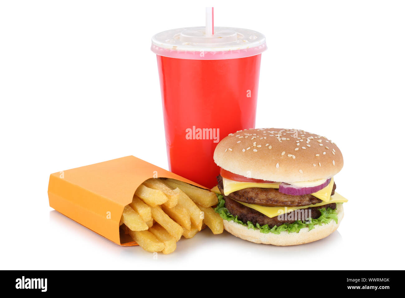 Double cheeseburger Hamburger mit Pommes frites Trinken frei Stockfoto