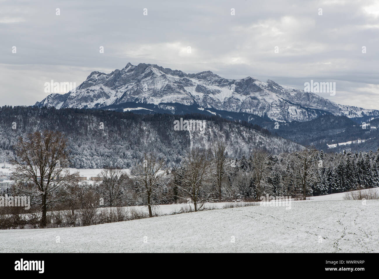 Verschneite Landschaft mit Blick auf den Pilatus, Luzern, Schweiz, Europa Stockfoto