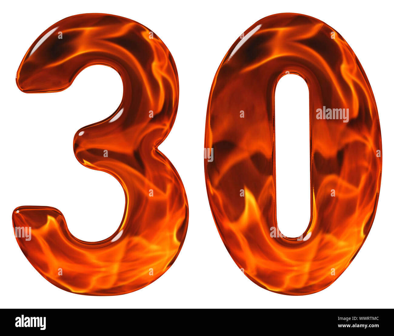 30, dreißig, Zahl, Nachahmung Glas und ein loderndes Feuer isoliert auf weißem Hintergrund Stockfoto
