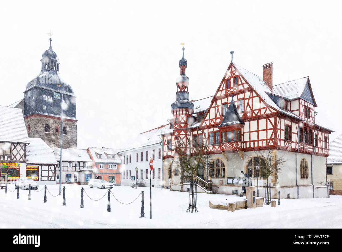 Historische Rathaus Güntersberge im Winter Stockfoto