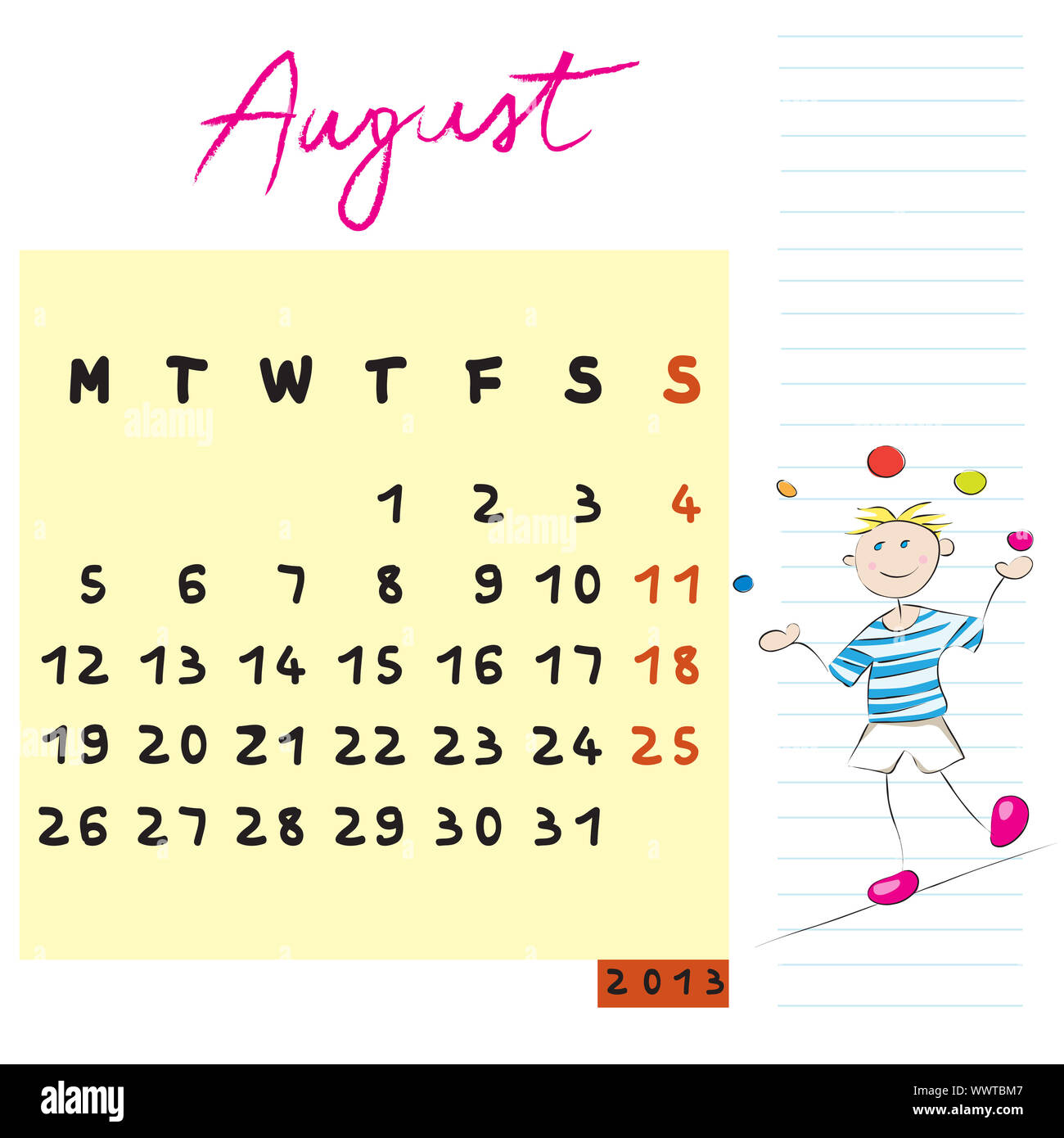 August 2013, Kalender Design mit der Gefahrliebender student Profil für internationale Schulen Stockfoto