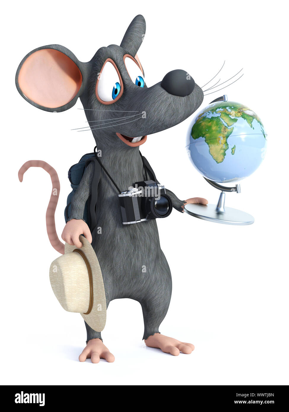 3D-Rendering von einem netten Lächeln cartoon Maus mit einem Hut, Kamera und Rucksack wie ein Tourist. Er blickt auf eine Weltkugel, bereit, zu entscheiden, wo Sie Stockfoto