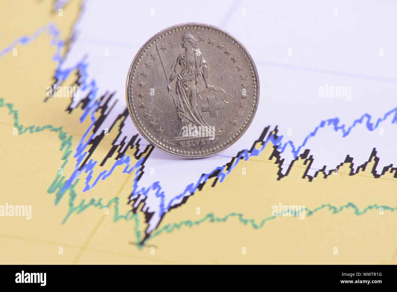 Schweizer Franken Münze und Währung mit Devisen chart Stockfoto