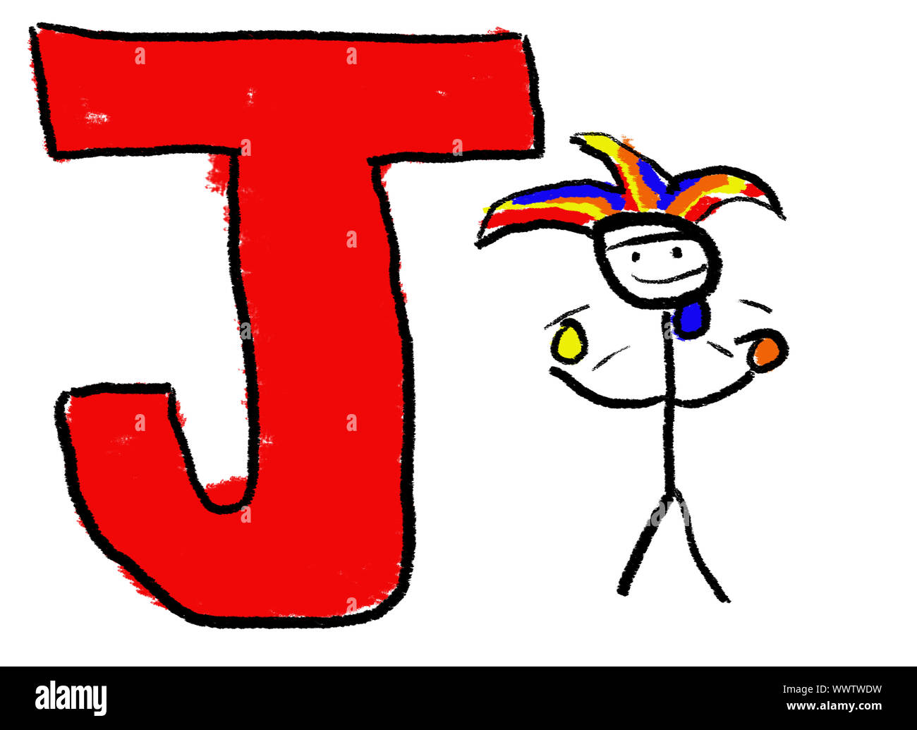 Eine kindliche Zeichnung der Buchstaben J, mit einem Stock Jester Jonglieren Stockfoto