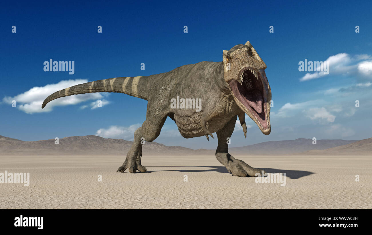 T-Rex Dinosaurier, Tyrannosaurus Rex Reptile, prähistorische Jurassic tierischen Brüllen in einsame Natur Umwelt, Vorderansicht, 3D-Darstellung Stockfoto