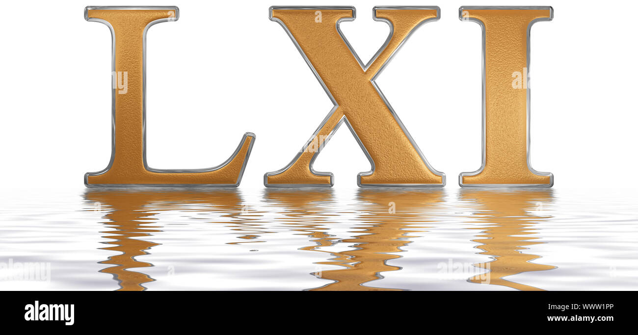 Römische Zahl LXI, Unus et Sexaginta, 61, einundsechzig, spiegelt sich auf  der Wasseroberfläche, isoliert auf weiss, 3d Render Stockfotografie - Alamy