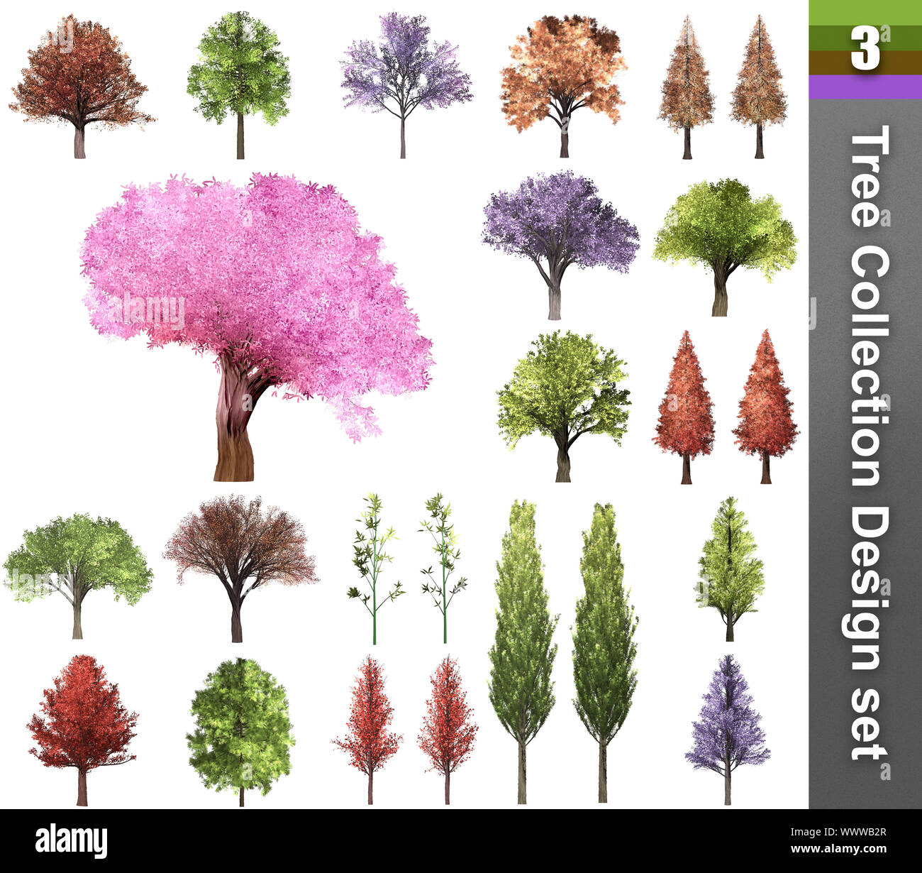 Baum Korrektur Design. 3D-Darstellung. Weißer Hintergrund isolieren. Natur und Gärten Design. Stockfoto