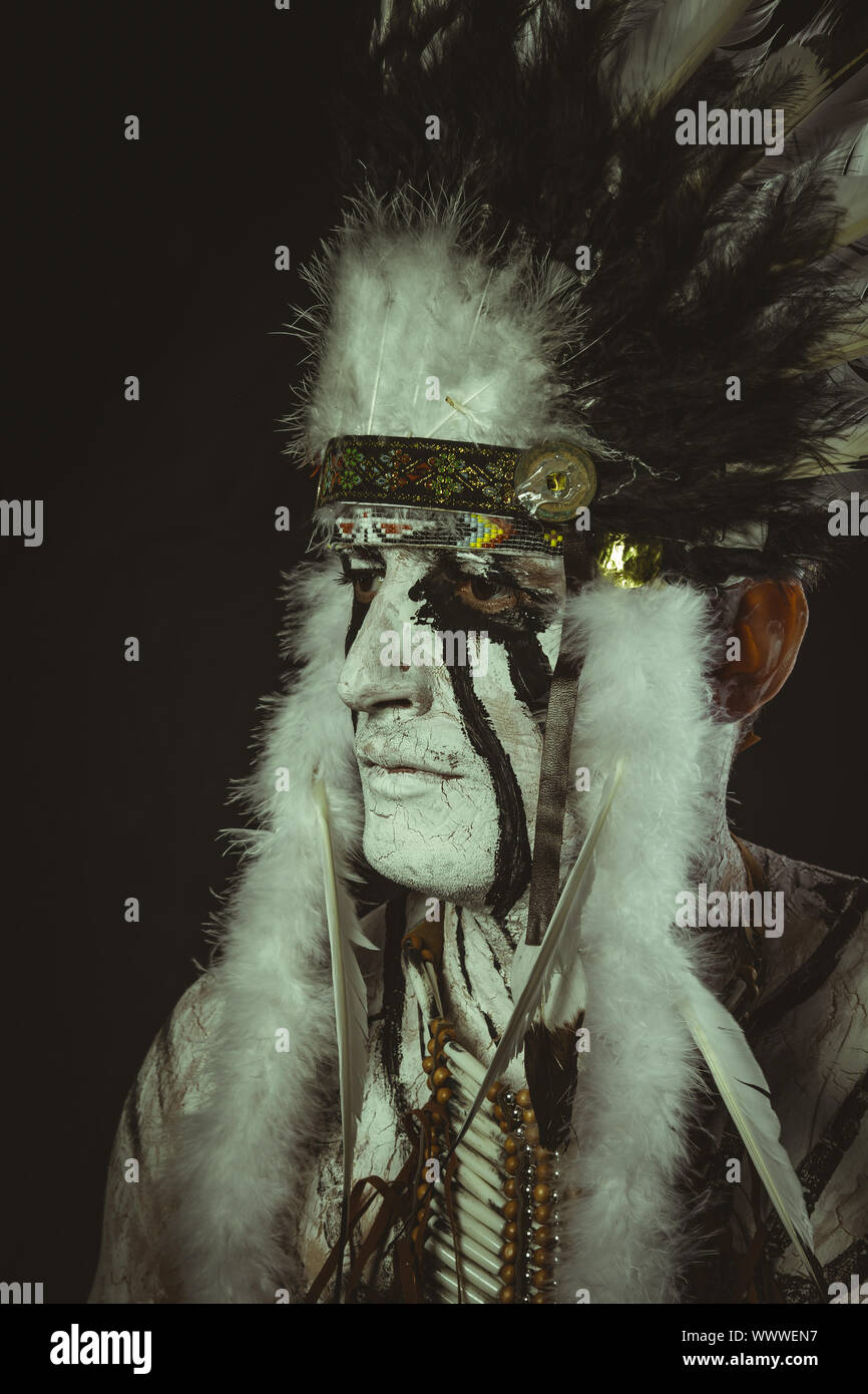 Der Aborigines, Indianer mit Wolke aus Federn, ax und Krieg Gemälde Stockfoto