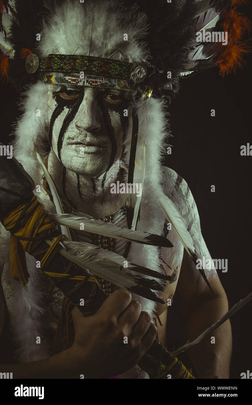 Ethnische, Ureinwohner, Indianer mit Wolke aus Federn, ax und Krieg Gemälde Stockfoto