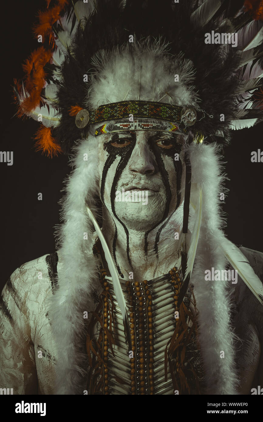 Chief Aborigines, Indianer mit Wolke aus Federn, ax und Krieg Gemälde Stockfoto
