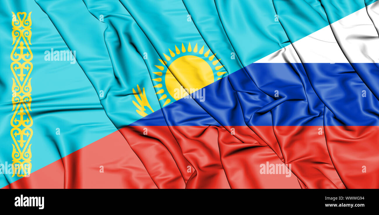 Russland und Kasachstan Flaggen. 3D-Design mit wehenden Fahnen. Russland Kasachstan  Flagge, Bild, Tapete. Russland vs Kasachstan Bild, 3D-Rendering. Russland  Kasachisch Stockfotografie - Alamy