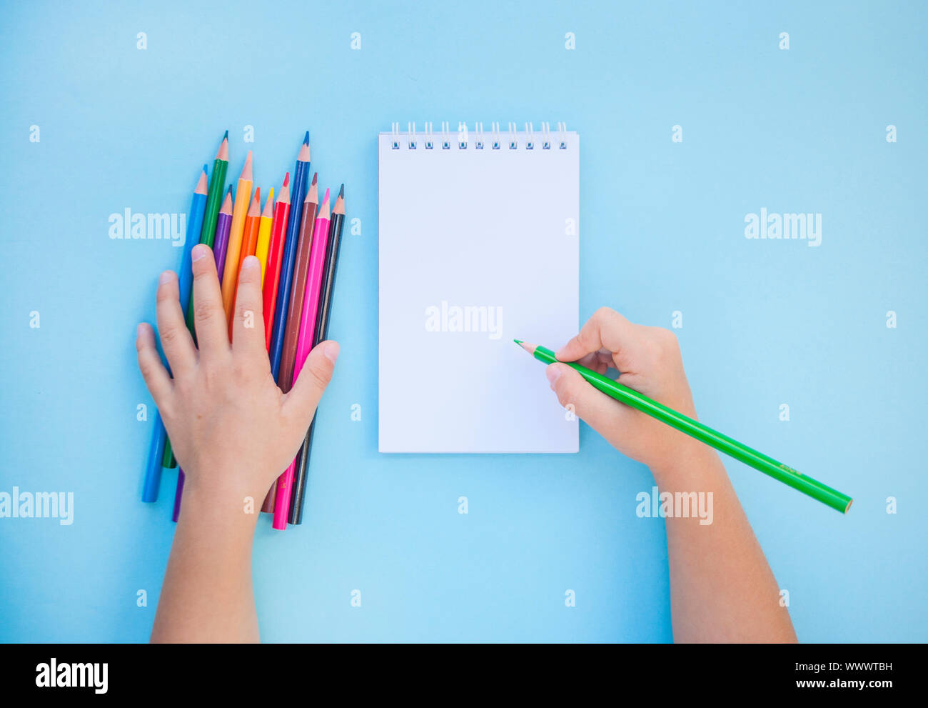 Child's Hände halten Bunte Bleistifte und ein Notebook auf blauem Hintergrund mit Copyspace. Flach Stil. Zurück zum Konzept der Schule. Stockfoto