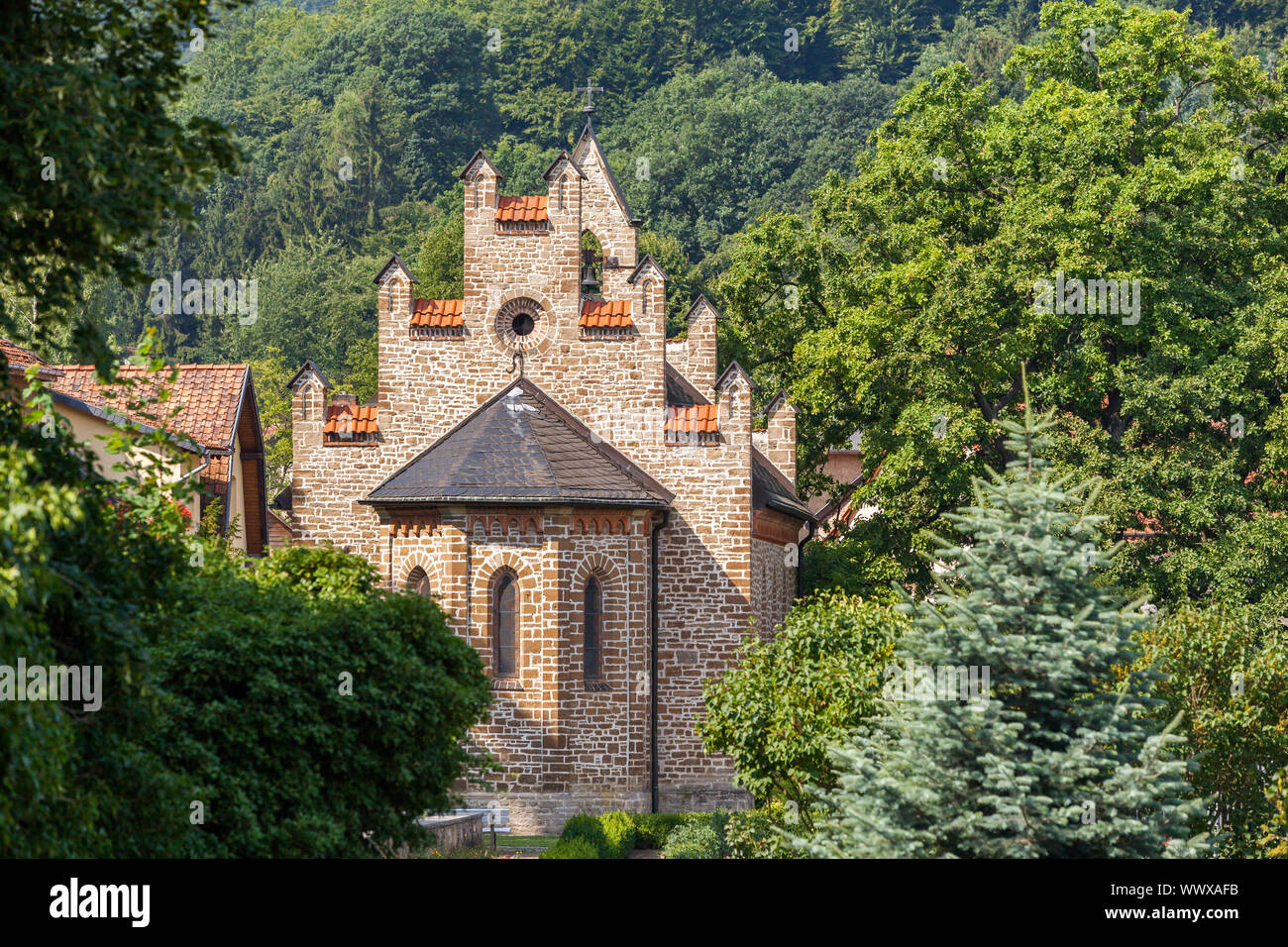 Stecklenberg im Harz, Ortsteil der Stadt Thale mit Kirche Stockfoto