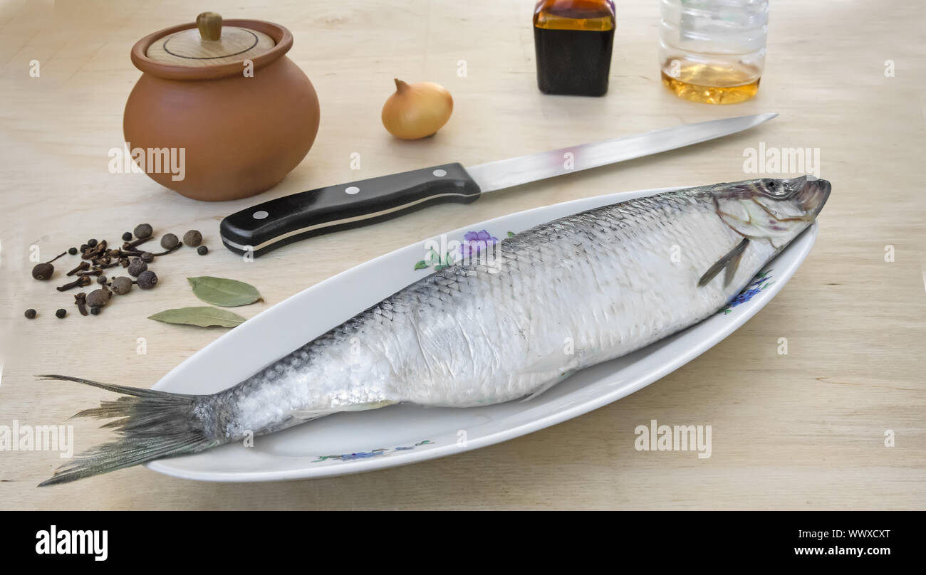 Hering auf dem Tisch mit keramischen Gerichte und Gewürze. Stockfoto