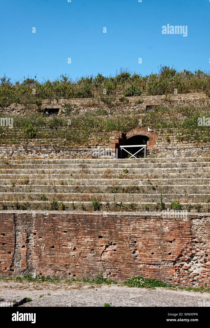 Flavischen Amphitheater; Roman; 1. Jahrhundert; alte Ruinen; Ziegelstein, Stein, Vegetation wächst, gewölbten Öffnung, Alte, Pozzouli; Italien; Europa; Feder; Verti Stockfoto