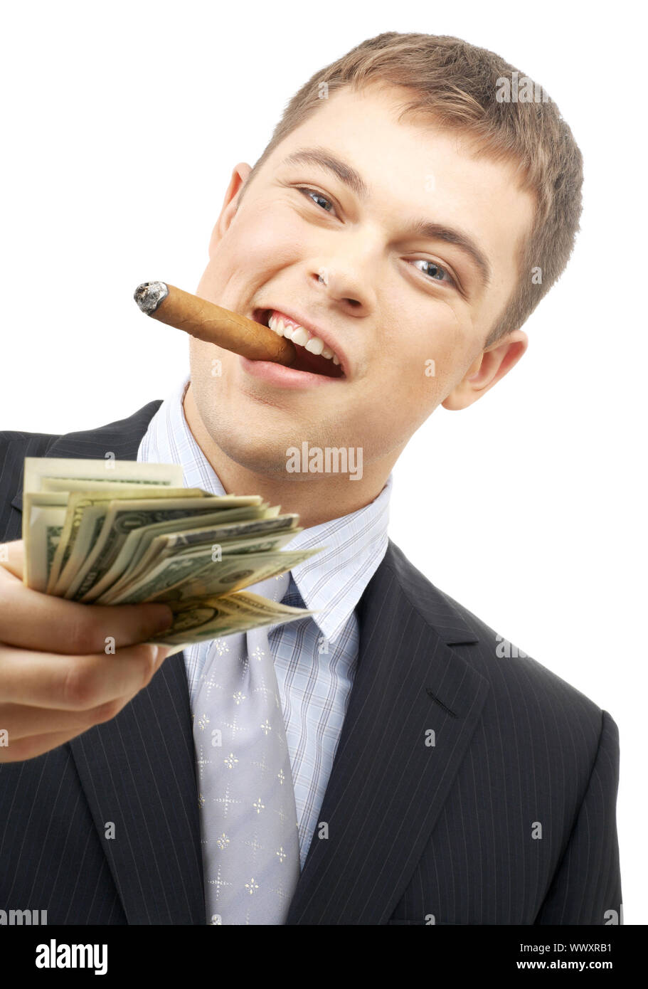 Rauchen-Gangster Dollarnoten über weiß zu halten Stockfoto