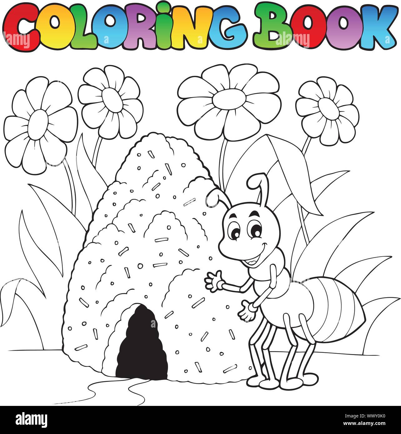 Malbuch ant in der Nähe von ameisenhaufen Stock Vektor