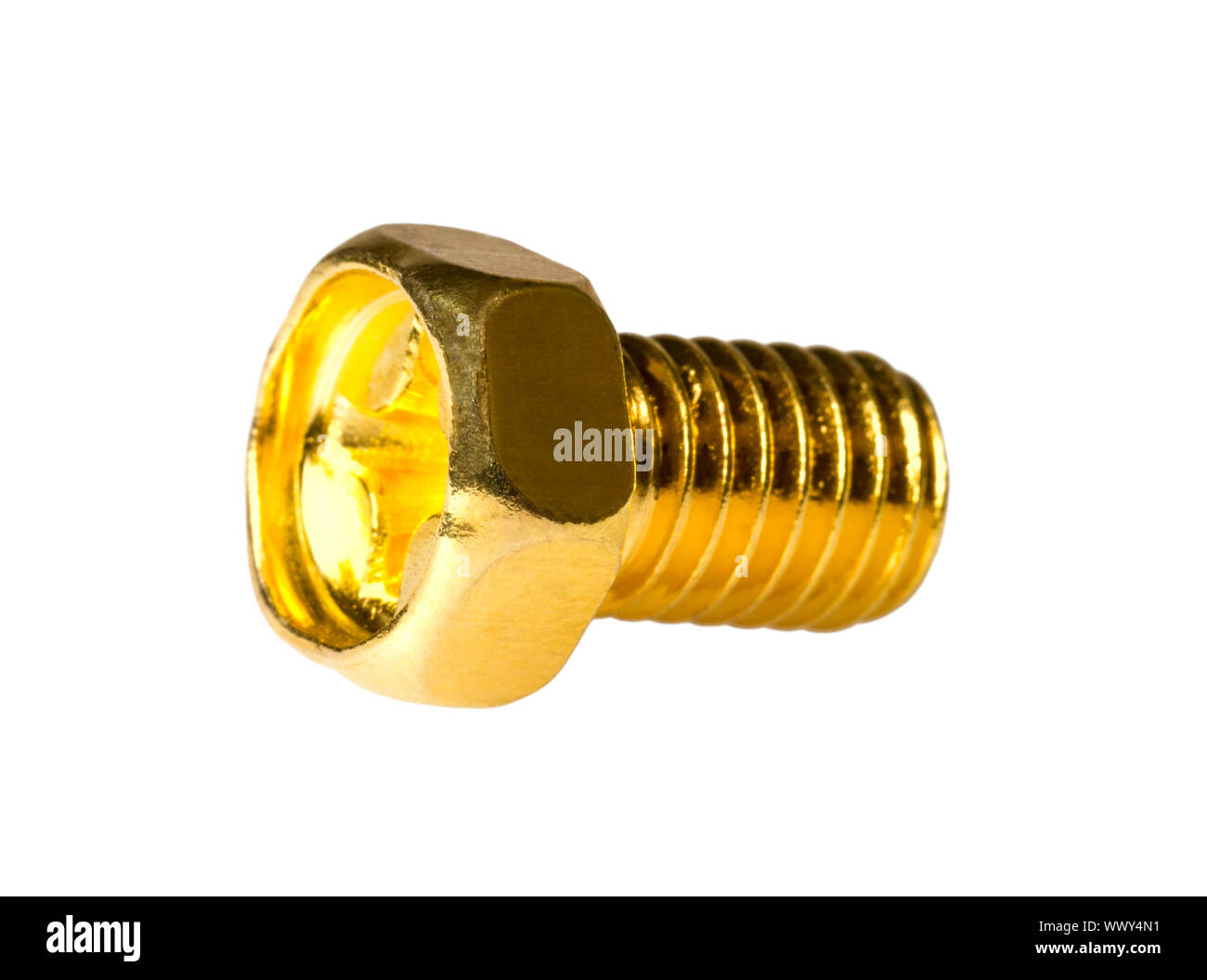 Gold Kopf Sechskantschraube isoliert auf weißem Hintergrund Stockfoto