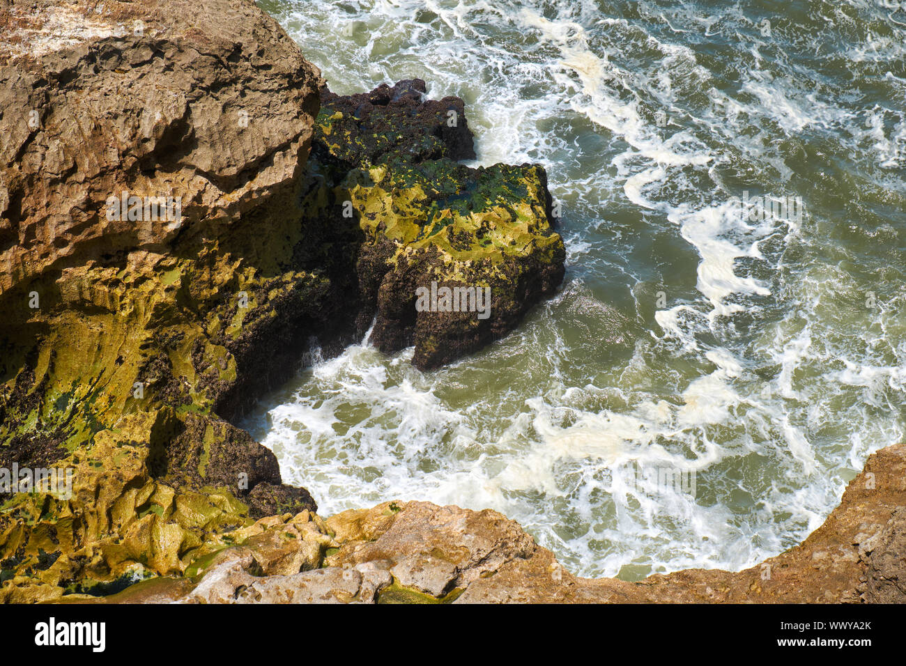 Felsen und Wellen surfen im Meer in der Nähe von Farol De Nazare Küste in Portugal Stockfoto