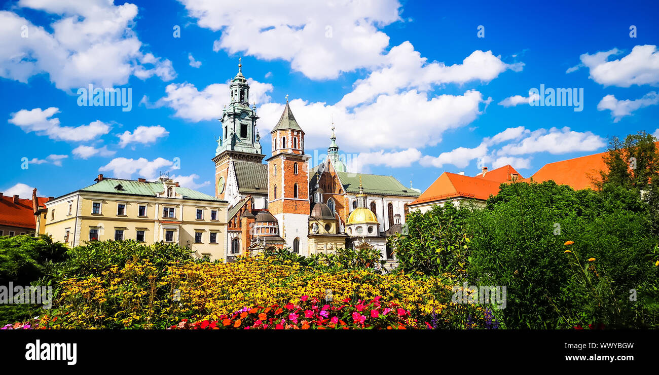 Mittelalterliches Schloss Wawel in Krakau, Polen. Basilika St. Stanislaw und Vaclav oder Kathedrale auf dem Wawel Wawel mit bunten Blumen im Vordergrund Stockfoto