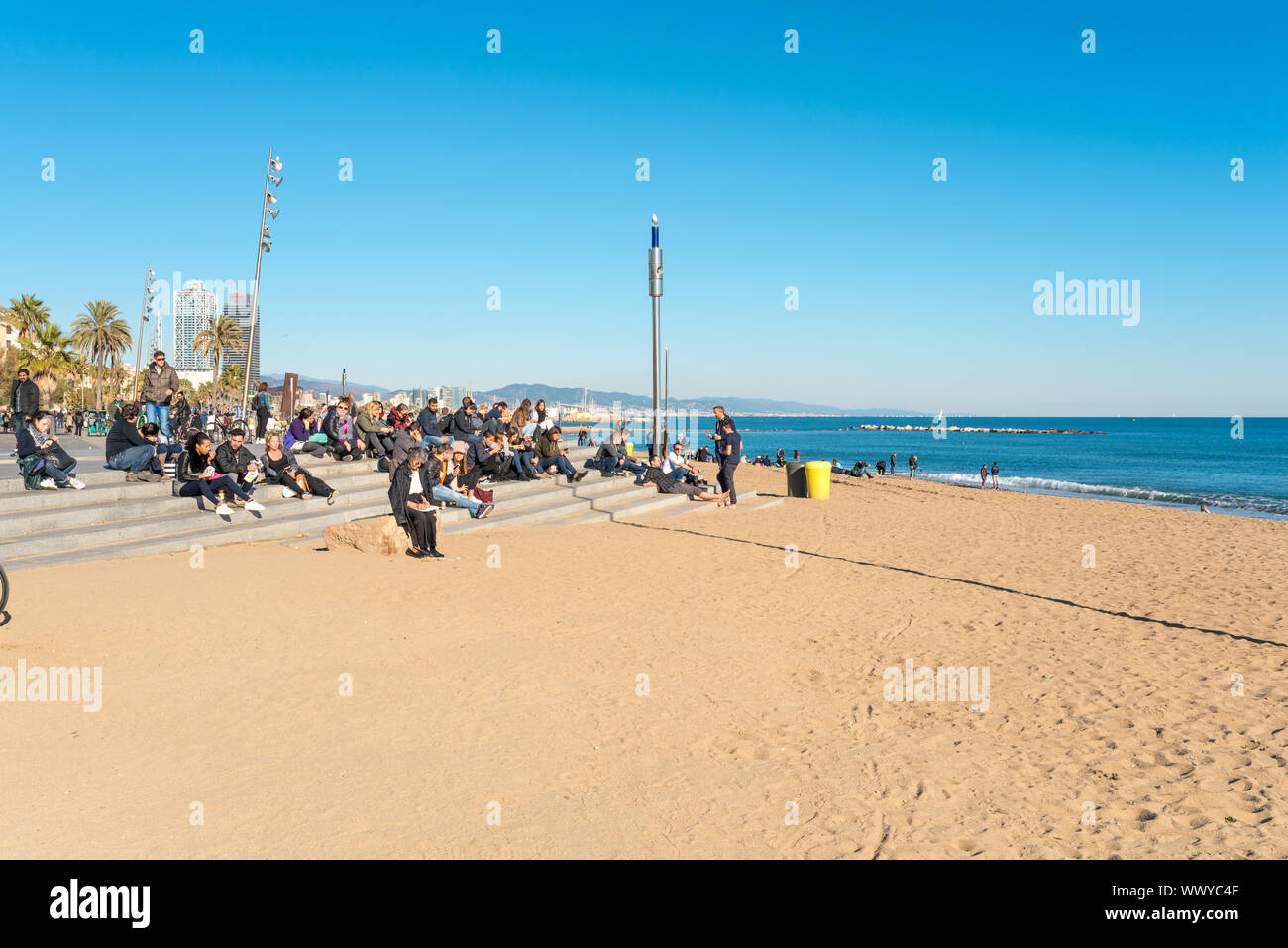 Platja de Sant Sebastià. Der Strand von Barcelona Barceloneta Stockfoto