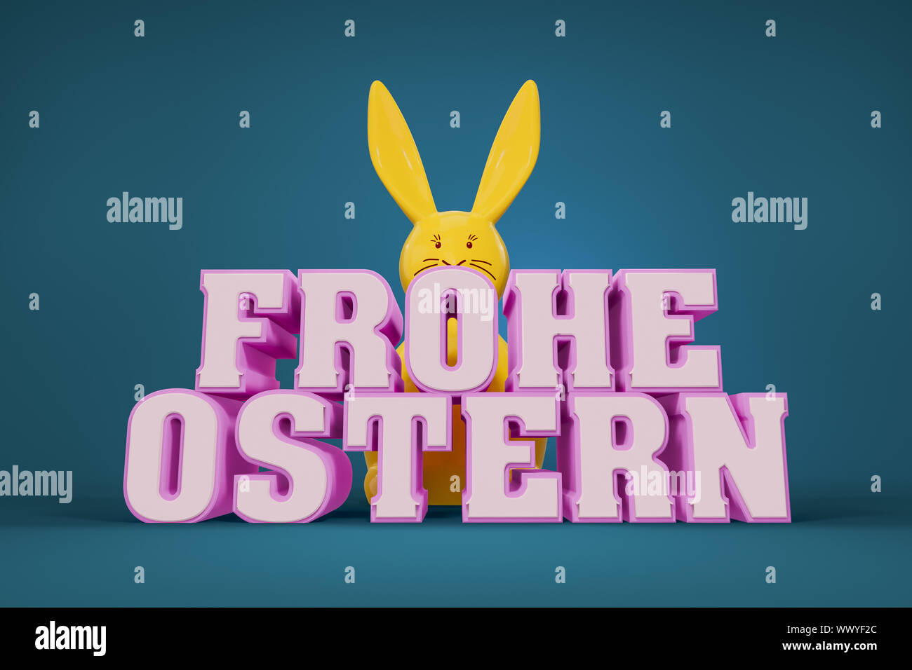 Die worte Frohe Ostern in deutscher Sprache mit einem gelben Bunny im Hintergrund Stockfoto