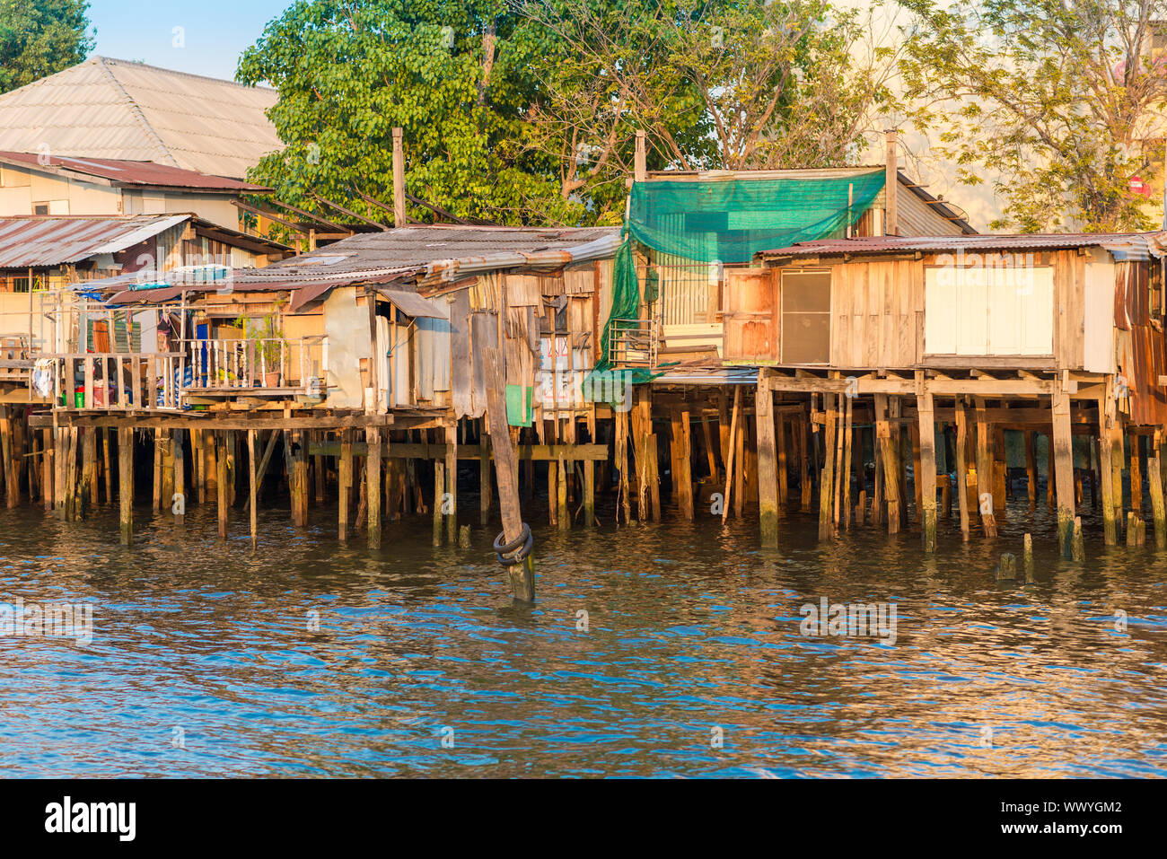Menschen leben in pfahlbauten am Chao Phraya River Stockfoto
