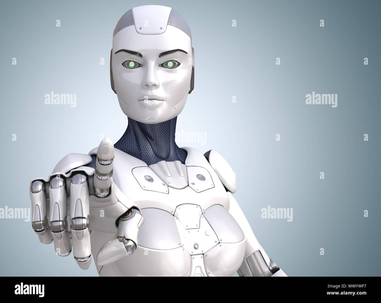 Der Roboter zeigt mit dem Finger auf den Betrachter. 3D-Darstellung Stockfoto