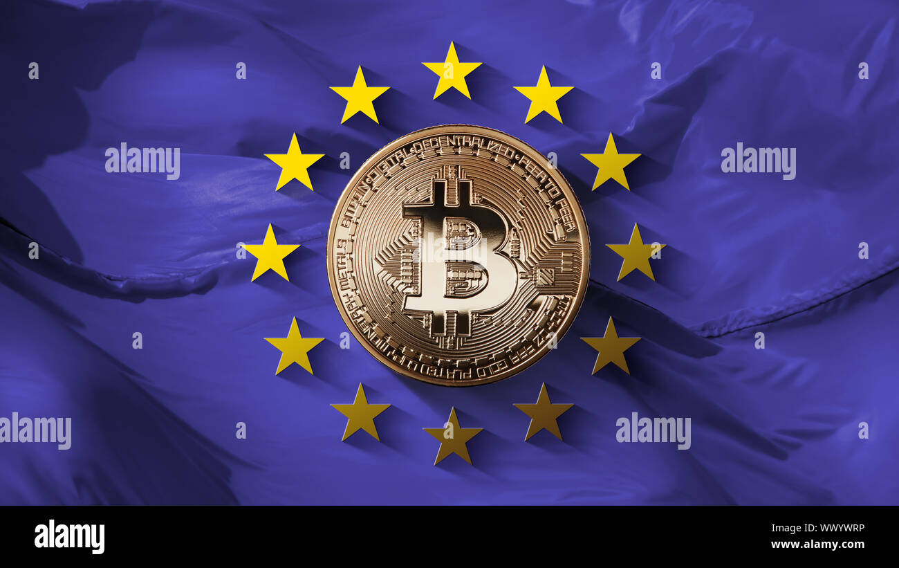 Sterne der Europäischen Union und Münze bitcoin Gold auf der UV-Hintergrund Stockfoto