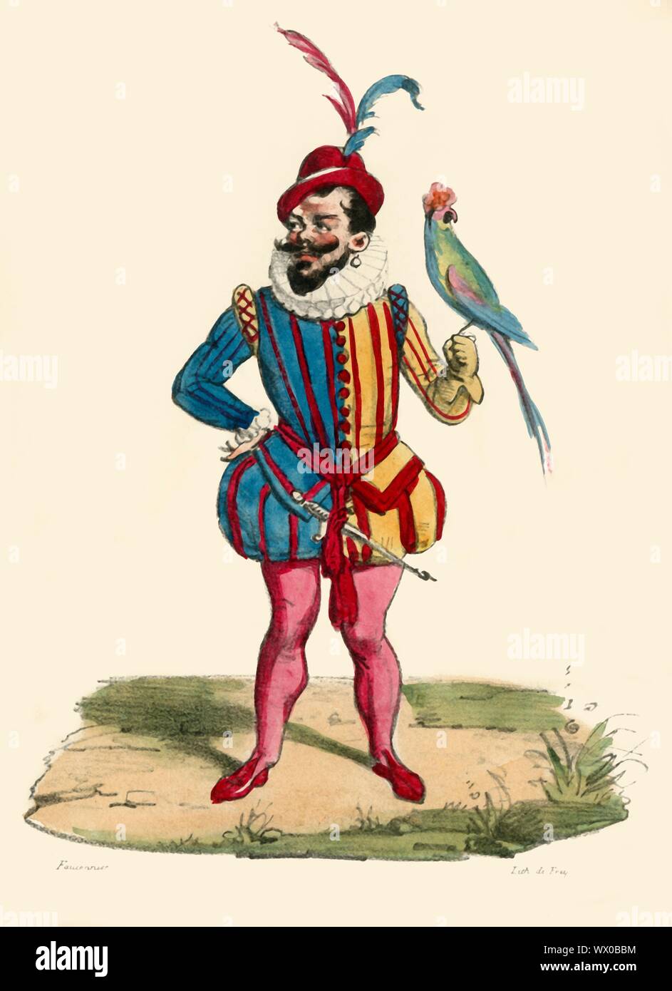 Der Zwerg von Duc de Guise, (19?). "Nain du Duc De Guise'. Porträt von einem Gericht Performer im 16. Jahrhundert Kleid, mit einem Vogel. Die Leute von Kleinwuchs wurden manchmal als "Gericht Zwerge' von der königlichen Familie und des Adels. Sie waren besessen und gehandelt, und lieferte als Geschenke zu anderen Adligen. Stockfoto