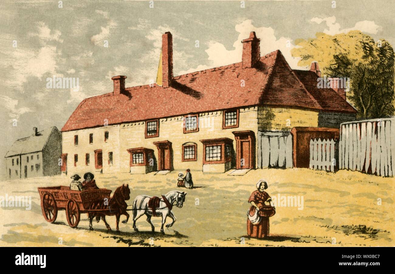 "Geburtsort der Rev.C.H. Spurgeon, Kelvedon, Essex', Mitte - Ende des 19. Jahrhunderts. The Wheatsheaf Inn im Dorf Kelvedon, Geburtsort des Britischen Baptist Prediger Charles Haddon Spurgeon (1834-1892), der seine erste Predigt im Alter von sechzehn Jahren gepredigt. Spurgeon wurde schnell für sein Oratorium Fähigkeiten bekannt, und Menschen aus allen Gesellschaftsschichten, Herde, um ihn predigen hören. 1861 die Metropolitan Tabernacle in Newington geöffnet. Dieses wurde speziell für ihn gebaut, da die Hallen predigte er in konnte die Zahl der Menschen, die hören nicht halten. Er war Minister dort bis zu seinem Tod. Stockfoto