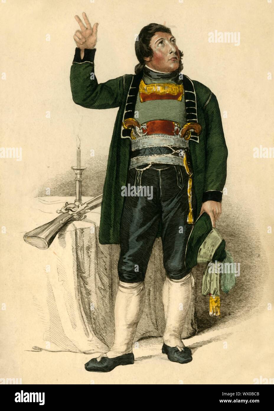 "Kommandant Schoenecher', 1809. Porträt eines Mannes in der Österreichischen Kostüm, mit Pistolen in seinen Hosenbund versteckt. Stockfoto