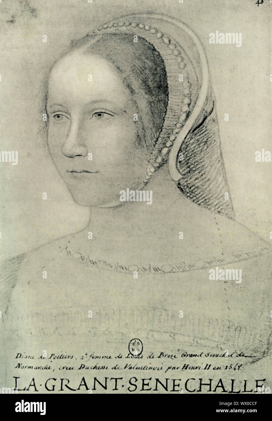 Diane de Poitiers, 1525, (1907). Portrait von Diane de Poitiers (1499-1566), französische Adlige und Chief Herrin von Heinrich II. von Frankreich. Von "Exposition de Porträts, peints et Dessin&#xe9;s" (Ausstellung der gemalten und gezeichneten Portraits), Katalog der Biblioth&#xe8; que Nationale, April-Juni 1907. [Librairie Centrale des Beaux-Arts, Paris, 1907] Stockfoto