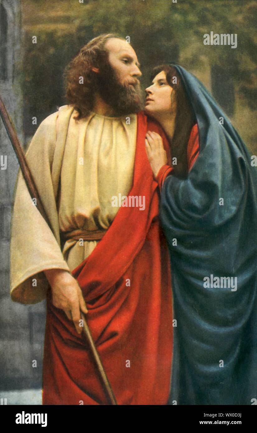"Bethanien", 1922. Jesus (Anton Lang) und die Jungfrau Maria (Martha Veit): Spieler in der Oberammergauer Passionsspiele. Das Spiel wird alle 10 Jahre durchgeführt, auf Open-Air-Bühnen, die von den Einwohnern des Dorfes Oberammergau in Bayern, Deutschland. Zuerst im Jahre 1634 inszeniert, das Stück erzählt die Geschichte der Passion Jesu, die ihren Höhepunkt in seiner Kreuzigung. Die Veranstaltung ist eine touristische Attraktion geworden, mit Publikum aus der ganzen Welt. Offizielle Postkarte der 1922 Oberammergauer Passionsspiele. [F. Bruckmann, München, 1922] Stockfoto